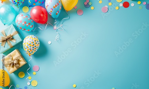A blue background with a bunch of colorful balloons and a few boxes