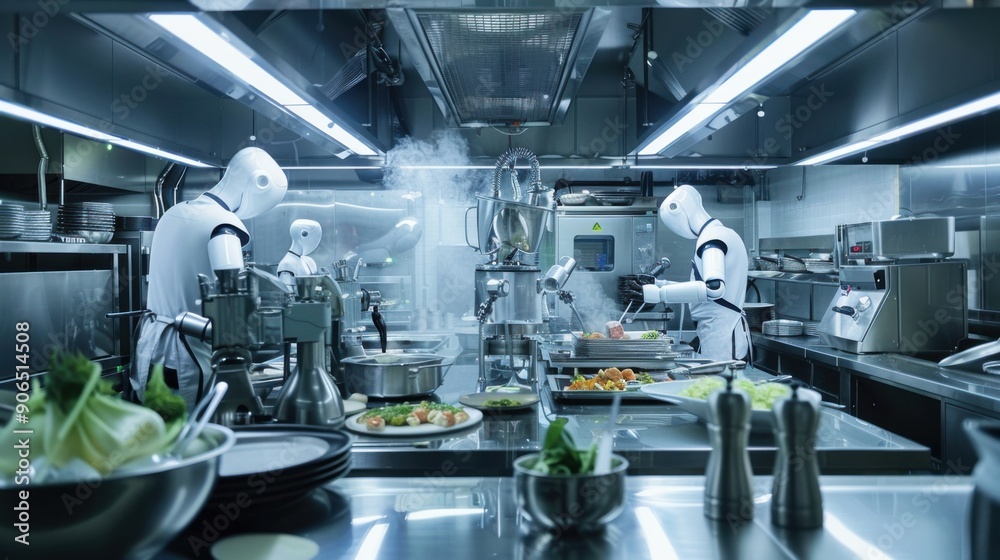 Futuristic robots cooking in a modern kitchen, showcasing advanced technology and culinary innovation in a professional environment. Futuristic robots cooking in a modern kitchen, showcasing advanced technology and culinary innovation in a professional environment.