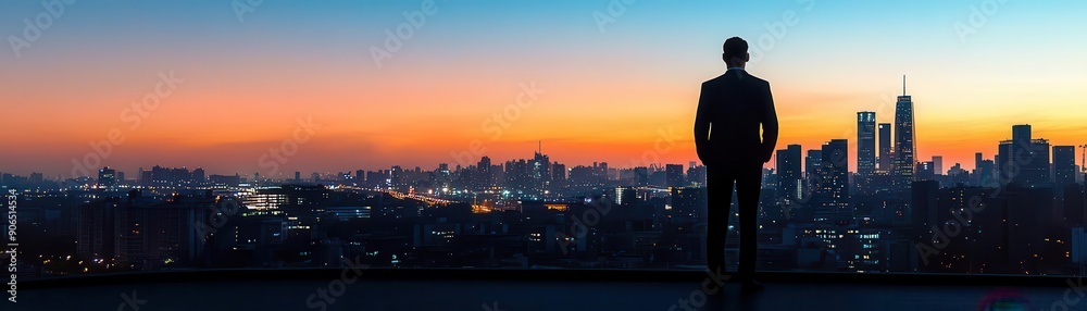 silhouette of a business professional standing on a rooftop overlooking a city skyline at dusk, photo-realistic, high resolution silhouette of a business professional standing on a rooftop overlooking a city skyline at dusk, photo-realistic, high resolution