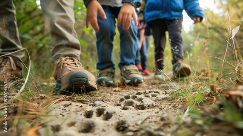 Group of children hiking in the forest, exploring animal tracks on a muddy trail with curiosity and adventure.