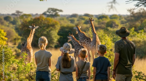Group of people observing giraffes in the wild during a safari adventure in the African savannah.
