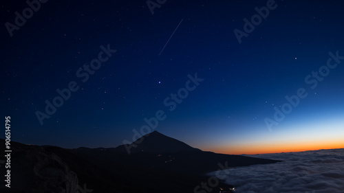 Starry night with meteor in the Teide National Park