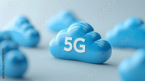 Close-up of a blue cloud icon with 5G text, representing modern telecommunications technology and the next generation of wireless connectivity.