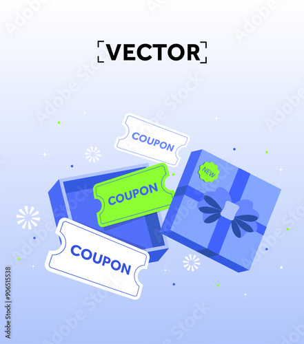 Special 2d coupons inside a gift box with firework effect isolated on background. Surprise coupon code. Gift voucher cash back and discount banner. Vector illustration. Vector illustration