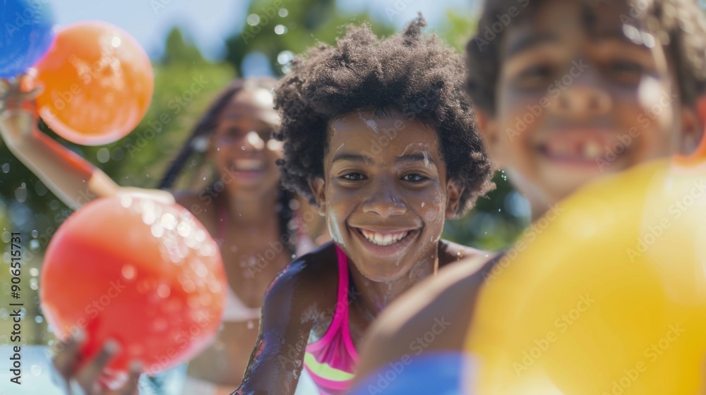 Joyful children playing with colorful balls in swimming pool on a sunny day, smiling and having fun during summer outdoor activities. Joyful children playing with colorful balls in swimming pool on a sunny day, smiling and having fun during summer outdoor activities.