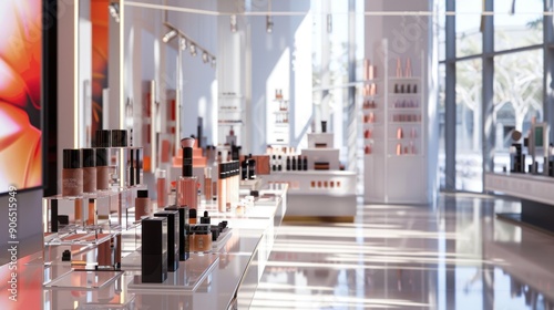 Modern cosmetics store interior with makeup products displayed on sleek shelves and stylish decor, light-filled space with large windows.
