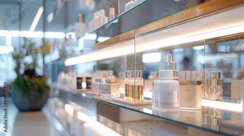 Modern skincare products elegantly displayed on glass shelves with a soothing ambiance in a luxury beauty store.