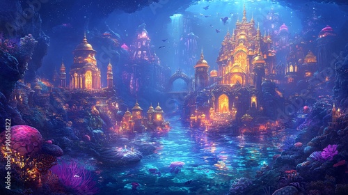 A magical underwater kingdom with ornate, glowing temples and palaces surrounded by colorful, exotic sea creatures. The ocean floor is decorated with radiant coral formations and bioluminescent