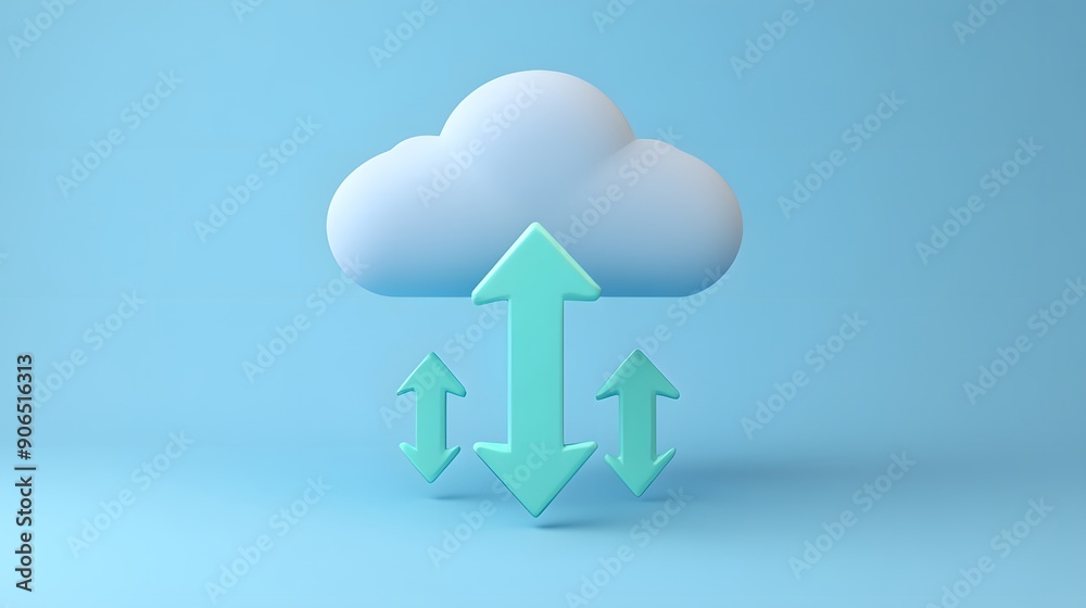 Cloud computing concept with arrows pointing up and down, representing data transfer and storage in a blue background. Cloud computing concept with arrows pointing up and down, representing data transfer and storage in a blue background.