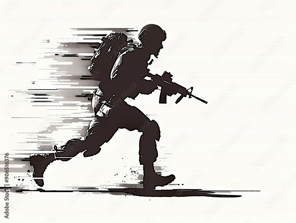 Obraz premium A man in a military uniform is running with a rifle