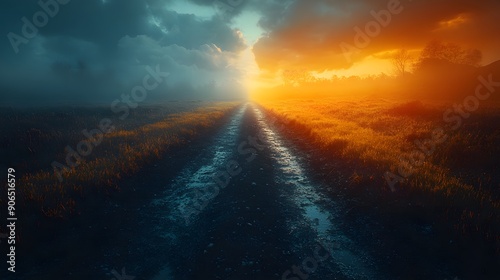 Misty Road at Sunset.