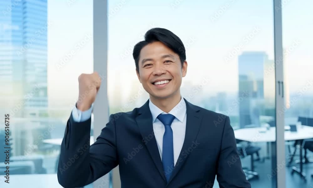 Japanese businessman makes successful gestures by raising his hands to celebrate victory. Young Asian businessman with raised hands gesture celebrating victory, achievement and success. Japanese businessman makes successful gestures by raising his hands to celebrate victory. Young Asian businessman with raised hands gesture celebrating victory, achievement and success.
