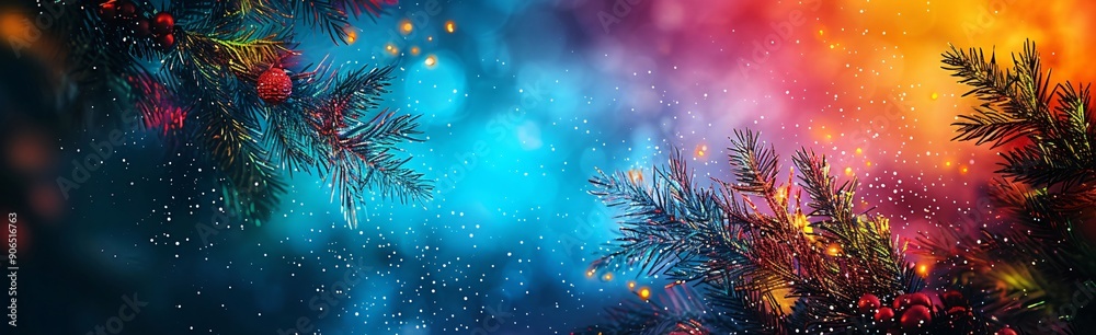 Christmas background or New Year's backdrop, holiday banner with copy space. Christmas tree branches adorned with ornaments and lights create a festive holiday background with a magical snowy effect Christmas background or New Year's backdrop, holiday banner with copy space. Christmas tree branches adorned with ornaments and lights create a festive holiday background with a magical snowy effect