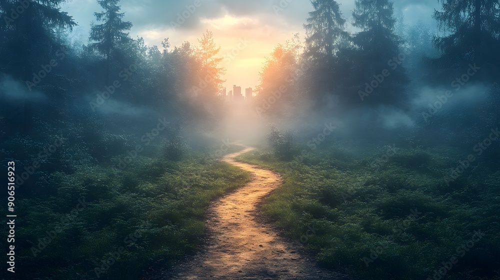Path Through Misty Forest Towards City Skyline. Path Through Misty Forest Towards City Skyline.