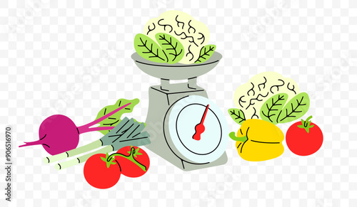 Farmers market, vegetables and scales, graphic design. Food, meal, grocery and agriculture, vector design and illustration
