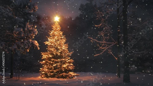 Christmas tree with ornaments in the winter wonderland landscape, snow, night, decorated xmas tree - festive and lights, holiday and celebration