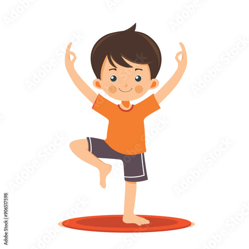 Young boy practicing yoga tree pose, balancing happily one foot. Child cartoon style enjoying fitness exercise, healthy lifestyle concept. Cute kid doing yoga asana illustration, sports activity