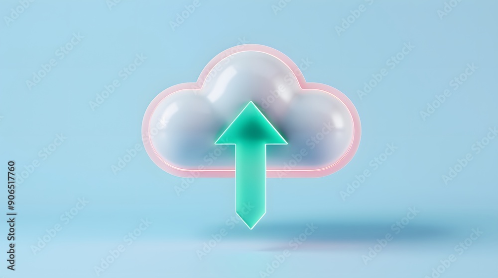 Cloud icon with an upward arrow signifying upload and internet connectivity on a light blue background. Perfect for tech and cloud storage concepts. Cloud icon with an upward arrow signifying upload and internet connectivity on a light blue background. Perfect for tech and cloud storage concepts.