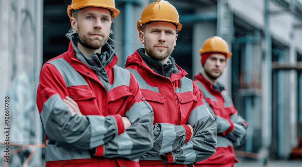 Obraz premium Three workers in hard hats and red and grey uniform, standing in front of a building. Generative AI.