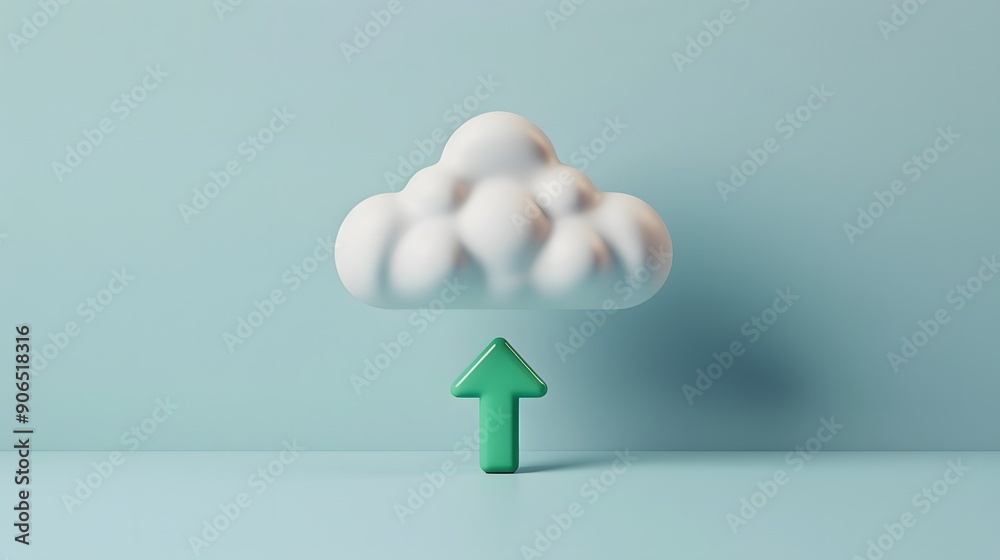 Cloud upload concept with green arrow pointing upwards, symbolizing data transfer to the cloud in a minimalist 3D render on a light blue background. Cloud upload concept with green arrow pointing upwards, symbolizing data transfer to the cloud in a minimalist 3D render on a light blue background.