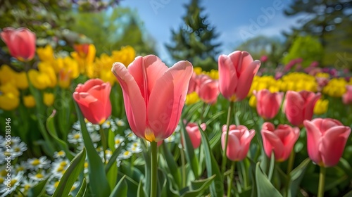 Bright pink tulips in the foreground, with a beautiful background of yellow and white tulips, capturing a lively and picturesque spring scene.