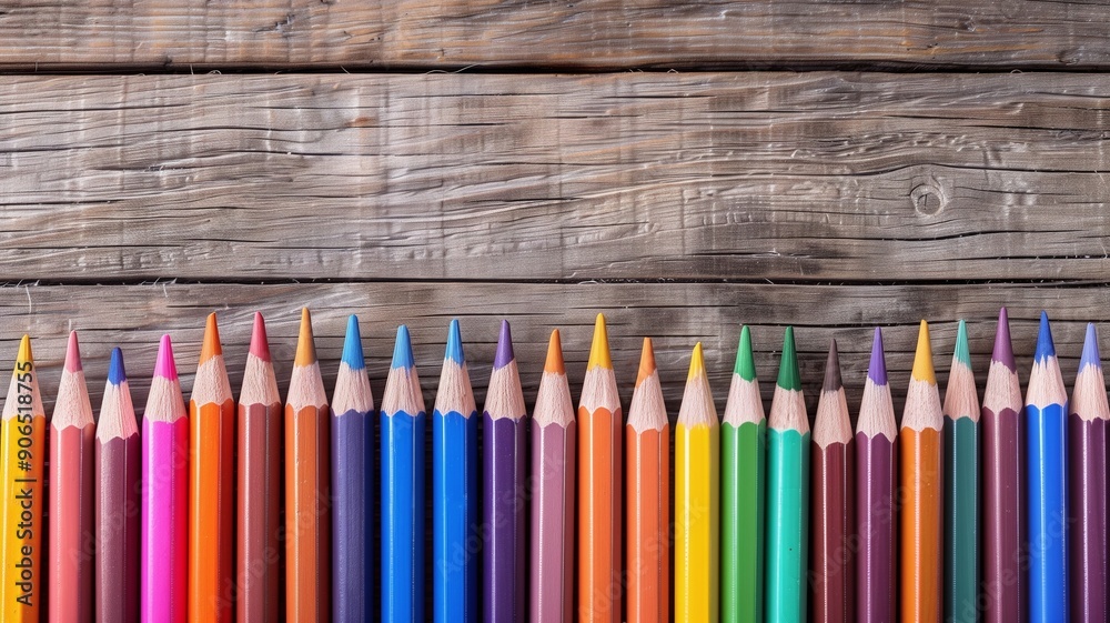 Colorful pencils neatly lined up on a wooden surface, evoking a back-to-school theme and creativity, ideal for education or art-related concepts Colorful pencils neatly lined up on a wooden surface, evoking a back-to-school theme and creativity, ideal for education or art-related concepts