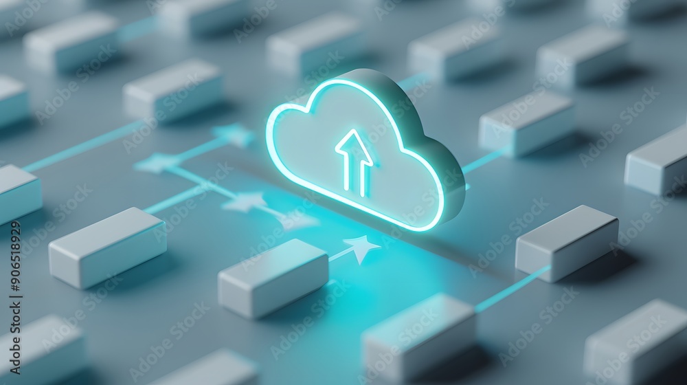 Conceptual image of cloud computing with glowing blue cloud symbol and futuristic technological elements. Data storage and networking. Conceptual image of cloud computing with glowing blue cloud symbol and futuristic technological elements. Data storage and networking.
