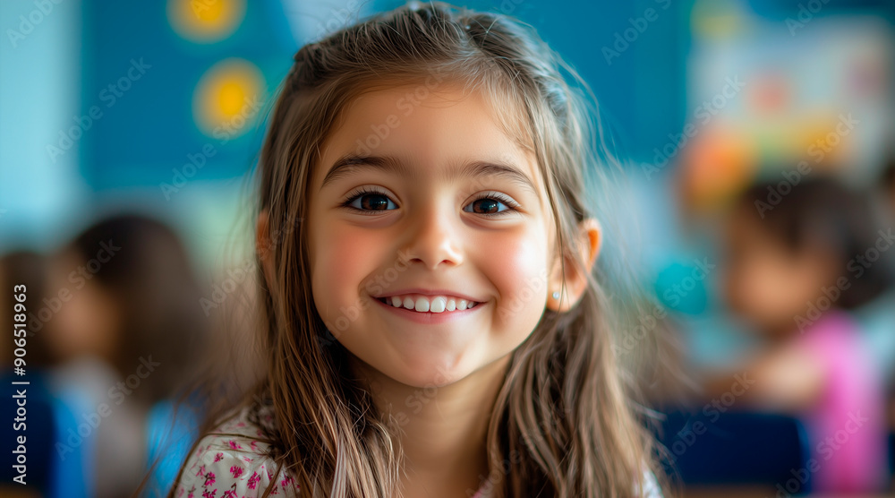  portrait of an 8 year old american girl in a classroom