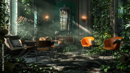 Overgrown Interior with Furniture and a Statue