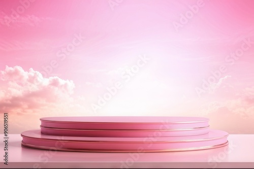 Podium, showcase of pink color, on the background of pink sky with clouds. For demonstration of goods, cosmetics.