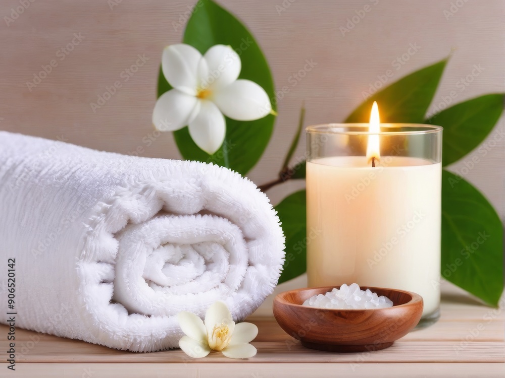 White towels, candles, oil, flowers for massage. realistic photo, relax. flyer, advertisement. White towels, candles, oil, flowers for massage. realistic photo, relax. flyer, advertisement.
