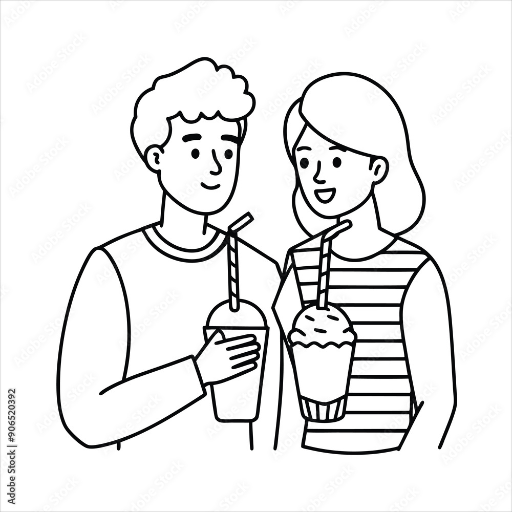 A couple sharing a milkshake with two straws line art vector A couple sharing a milkshake with two straws line art vector