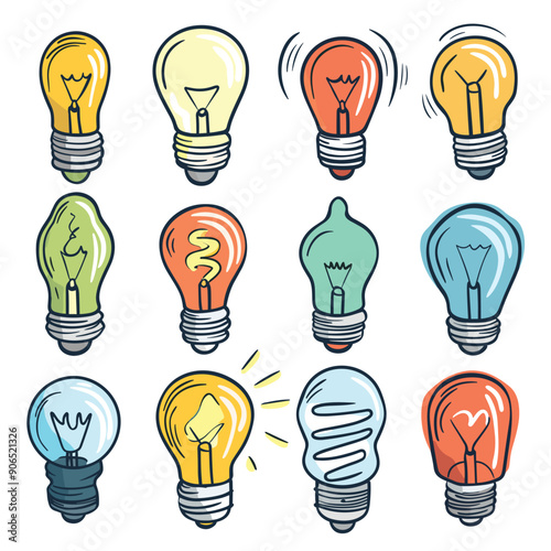 Different colorful light bulbs showing various emotions ideas. Handdrawn electric bulbs expressing concepts love, idea, eco, energy, broken, creativity, cool temperature. Cartoon style symbolizing