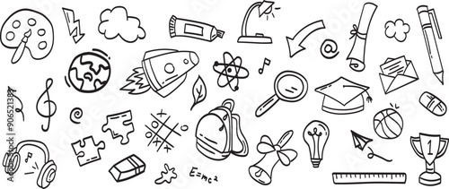 Back to school doodle a large set of elements. Vector illustration in line