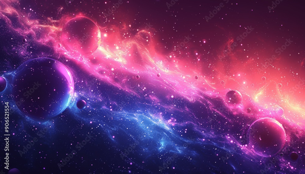 Obraz premium Cosmic Galaxy with Pink and Blue Nebulae and Floating Planets. Space Art Illustration