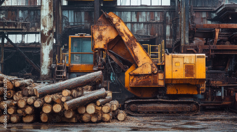 Fototapeta premium A large machine used for picking up and loading logs at a sawmill.