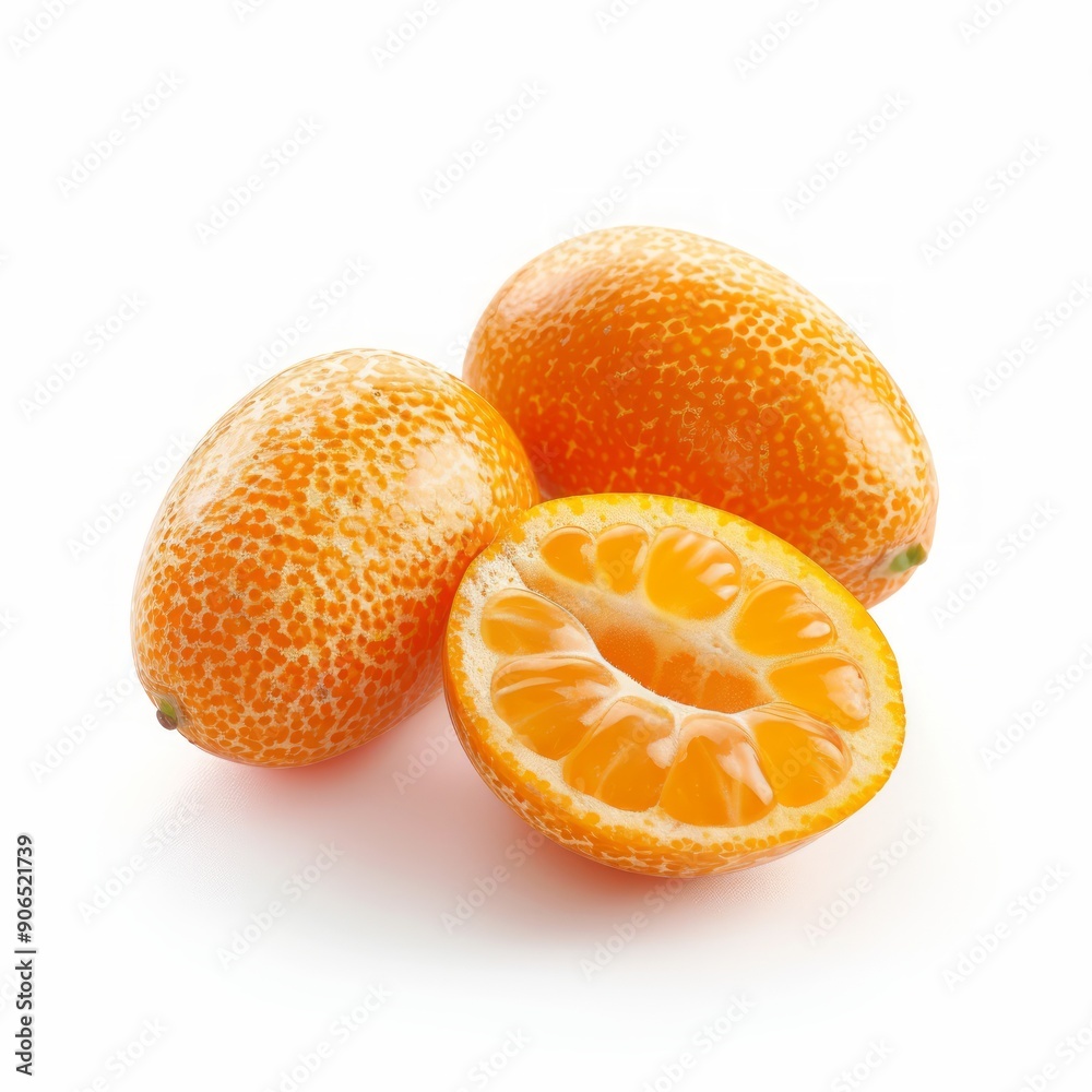 Medium shot of whole Kumquat near the sliced piece of Kumquat, isolated on a white background, Medium shot of whole Kumquat near the sliced piece of Kumquat, isolated on a white background,