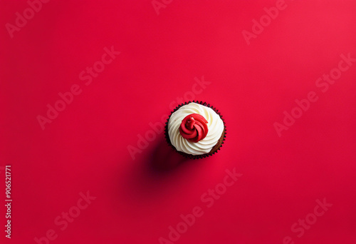 Top view of a cupcake on a red background