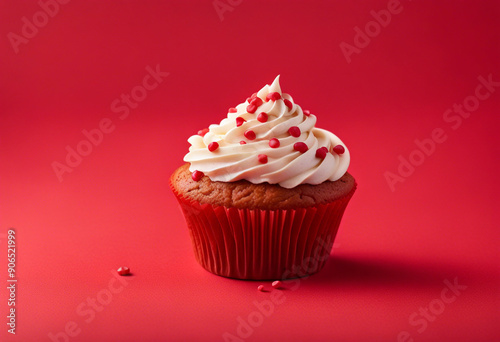 Top view of a cupcake on a red background