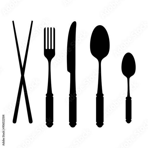 Silhouette Vector Spoon, Fork, Knife, and Chopsticks Cutlery on the Restaurant Sign Symbol Icon Logo Template Black Design Illustration