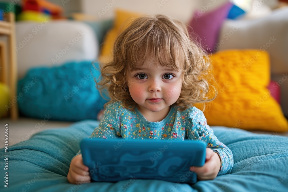 Enthralled Child Exploring Interactive Stories in Ethereal Playroom Ambiance