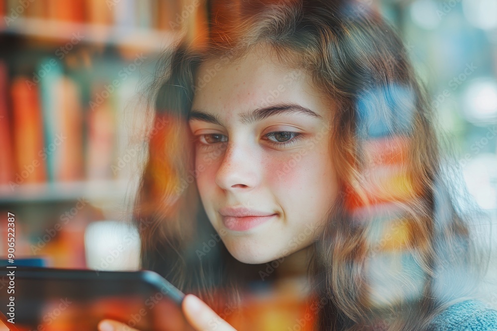 Whimsical College Student Engrossed in Language Learning Apps with Emotional Connection in Library Double Exposure. Whimsical College Student Engrossed in Language Learning Apps with Emotional Connection in Library Double Exposure.