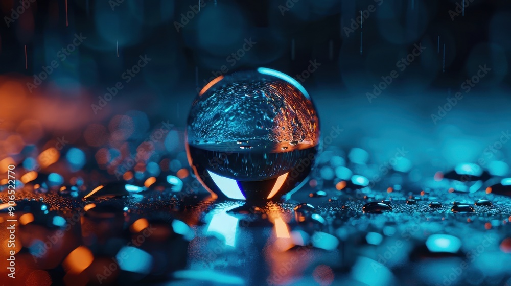 A captivating crystal ball reflecting vibrant colors amidst droplets, creating a stunning visual effect in a wet environment. A captivating crystal ball reflecting vibrant colors amidst droplets, creating a stunning visual effect in a wet environment.