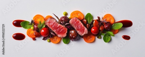 A beautifully arranged plate showcasing succulent steak, garnished with vibrant vegetables and rich sauce.