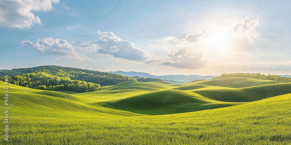 Obraz premium Summer landscape with hills and sunny sky: Idyllic summer scene with rolling green hills under a bright, clear sky