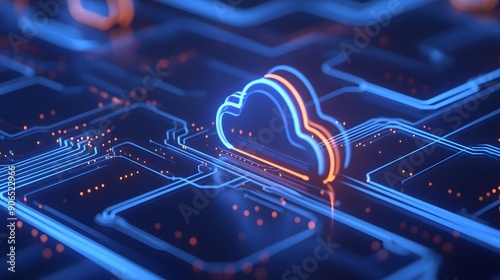 Wallpaper Mural Futuristic 3D render of glowing cloud computing symbol on illuminated circuit board. Perfect for technology, cloud storage, and innovation themes. Torontodigital.ca