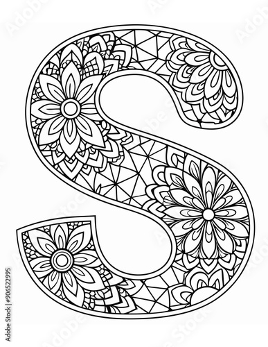 coloring page with a capital letter s with plants inside photo