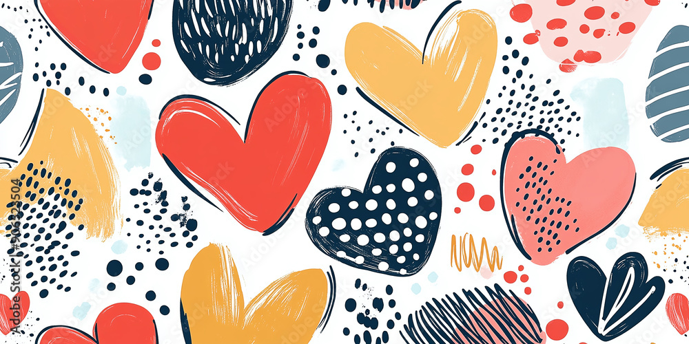 Seamless Patterns: Hand-drawn patterns with hearts, spots, and shapes: Playful hand-drawn seamless pattern featuring hearts, spots, and whimsical shapes Seamless Patterns: Hand-drawn patterns with hearts, spots, and shapes: Playful hand-drawn seamless pattern featuring hearts, spots, and whimsical shapes