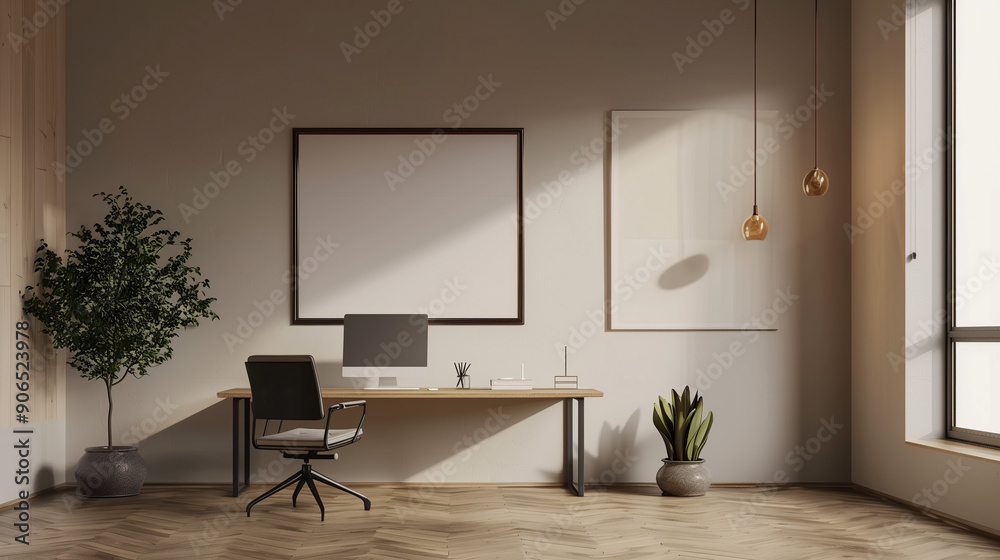 Contemporary Workplace Interior Mock-Up with Empty Wall Frame and Minimalistic Design Elements Contemporary Workplace Interior Mock-Up with Empty Wall Frame and Minimalistic Design Elements
