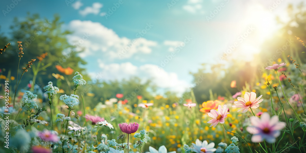 A vibrant wildflower meadow in full bloom under a bright sunny sky with soft clouds and gentle sunlight A vibrant wildflower meadow in full bloom under a bright sunny sky with soft clouds and gentle sunlight